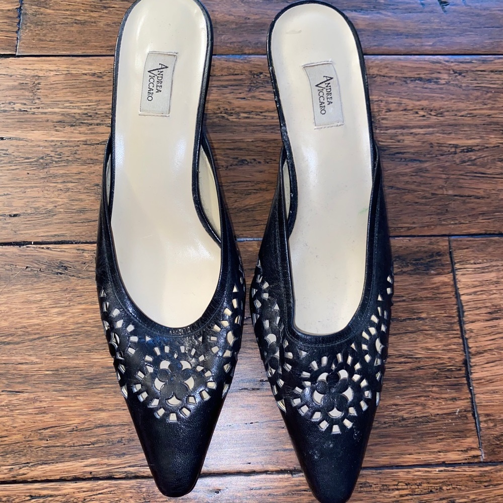 Black pointed toe mule heels
